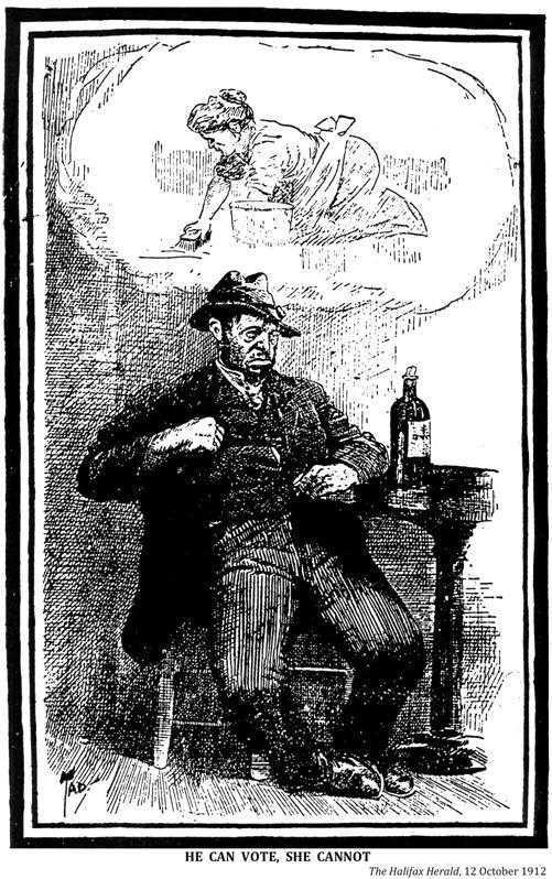 Black and white illustration. A foul looking man, portrayed in dark colours against a dark background, slumps in a chair in front of a large liquor bottle.  In a thought cloud above, a woman scrubs a floor on her knees, white background.